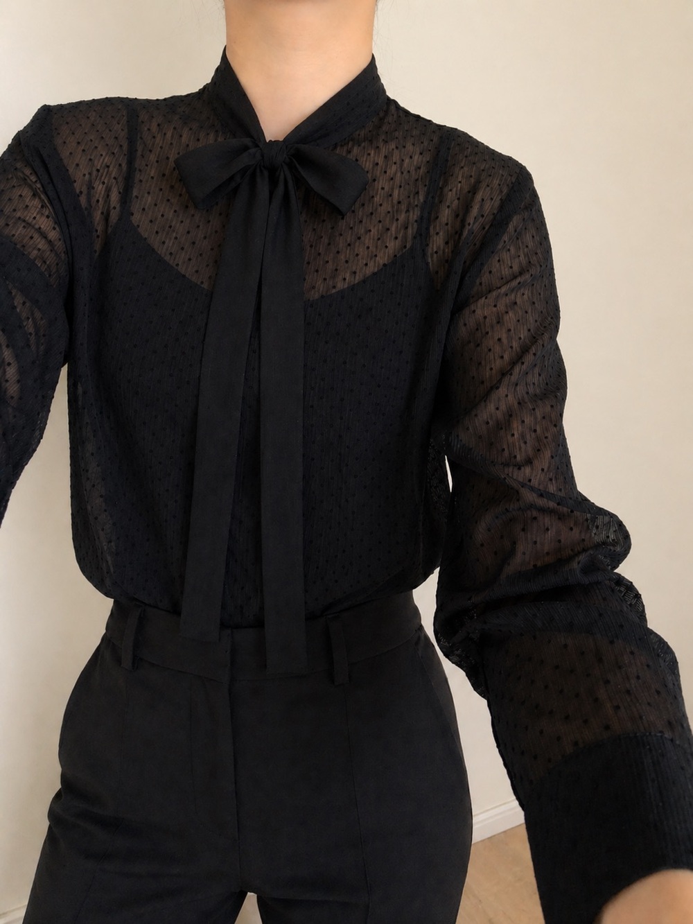 Banana Republic Black Sheer Dot Tie-Neck Blouse workwrar chic